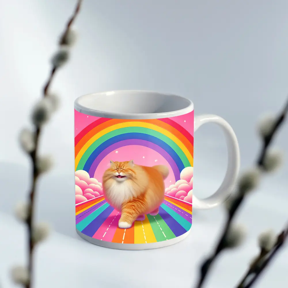 Fluffy Orange Cat Rainbow Pink Sky – Mugs