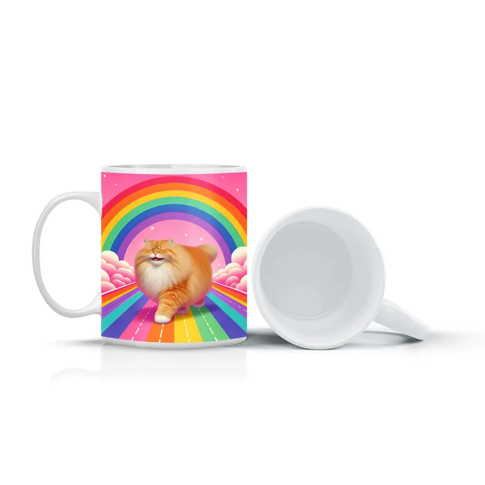 Fluffy Orange Cat Rainbow Pink Sky – Mugs