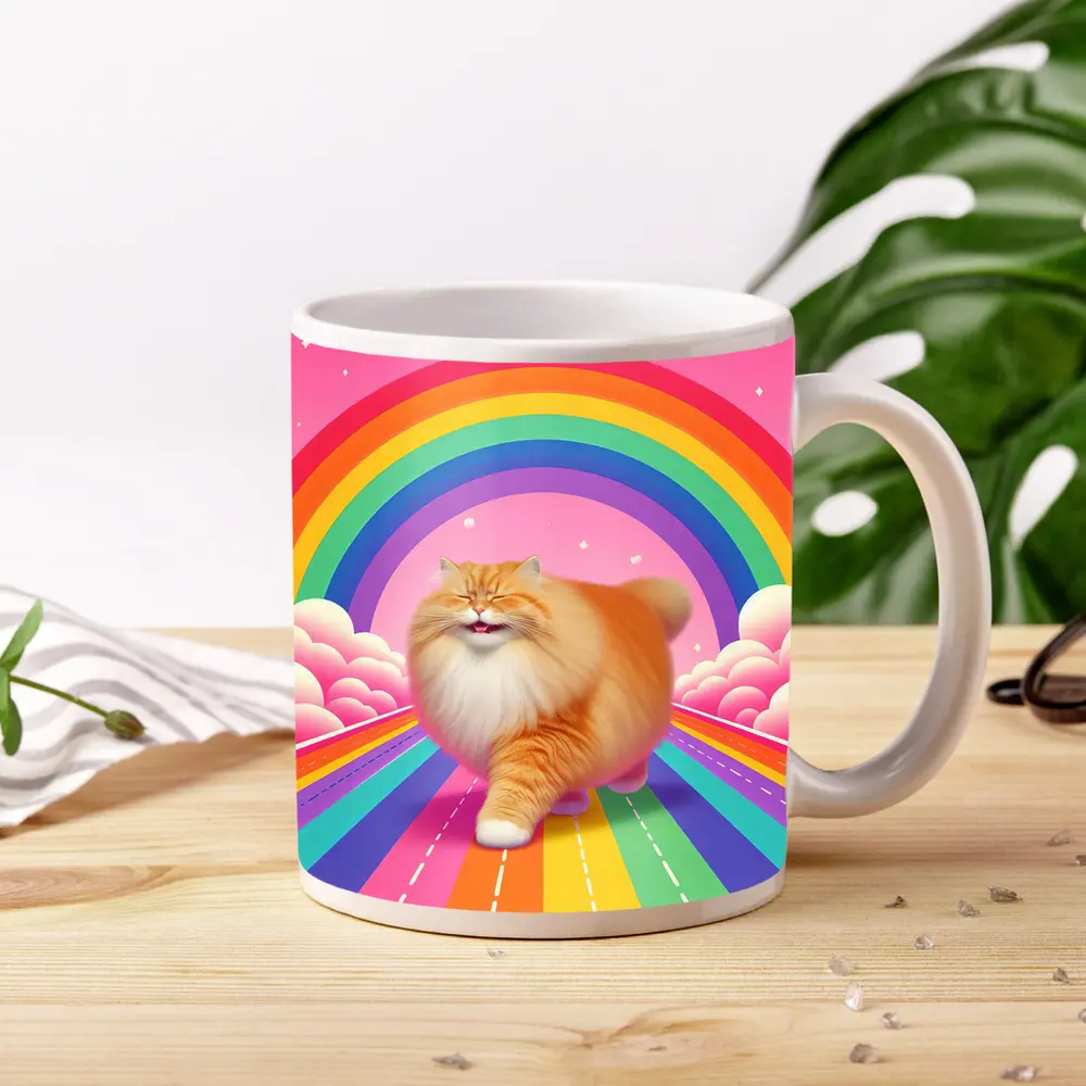 Fluffy Orange Cat Rainbow Pink Sky – Mugs