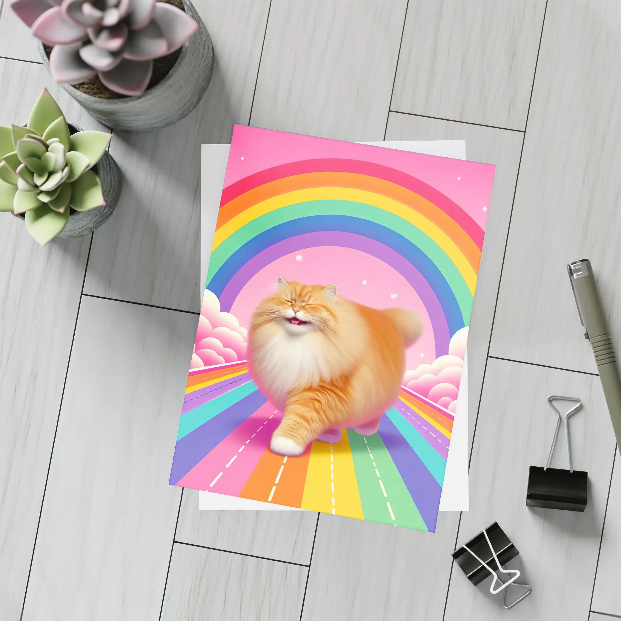 Fluffy Orange Cat Rainbow Pink Sky – Postcards