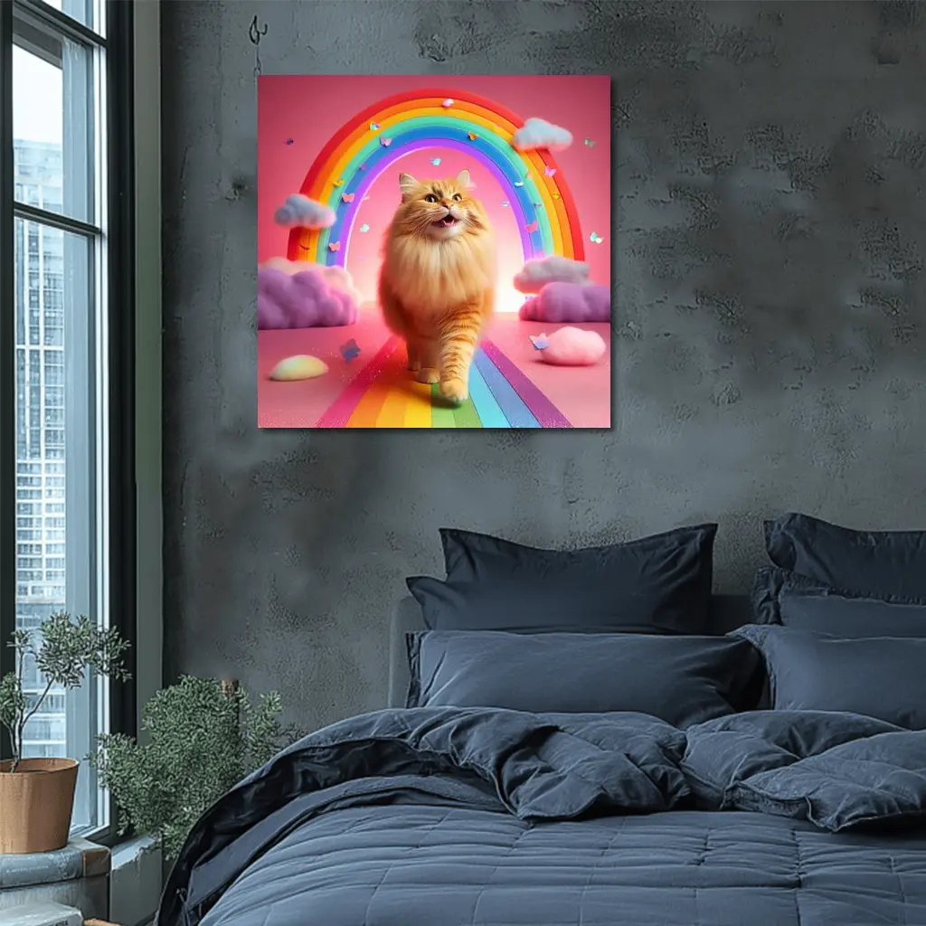 Happy Orange Cat Rainbow Pink Fantasy – Wall Art
