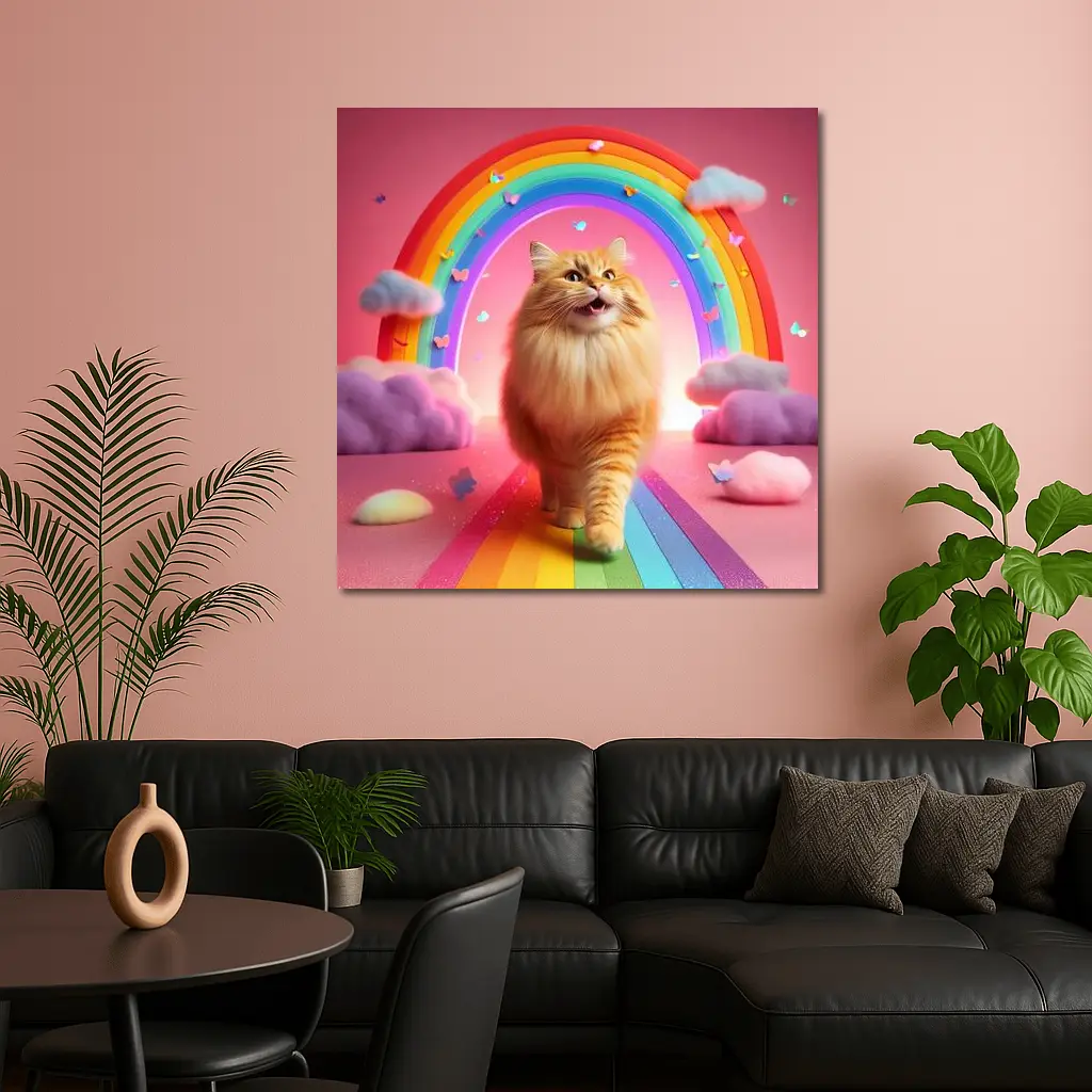 Happy Orange Cat Rainbow Pink Fantasy – Wall Art