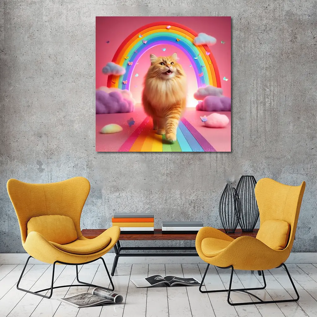 Happy Orange Cat Rainbow Pink Fantasy – Wall Art