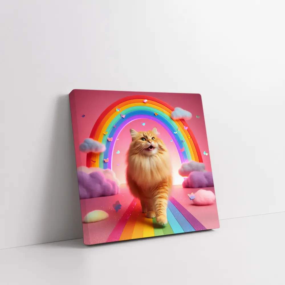 Happy Orange Cat Rainbow Pink Fantasy – Wall Art