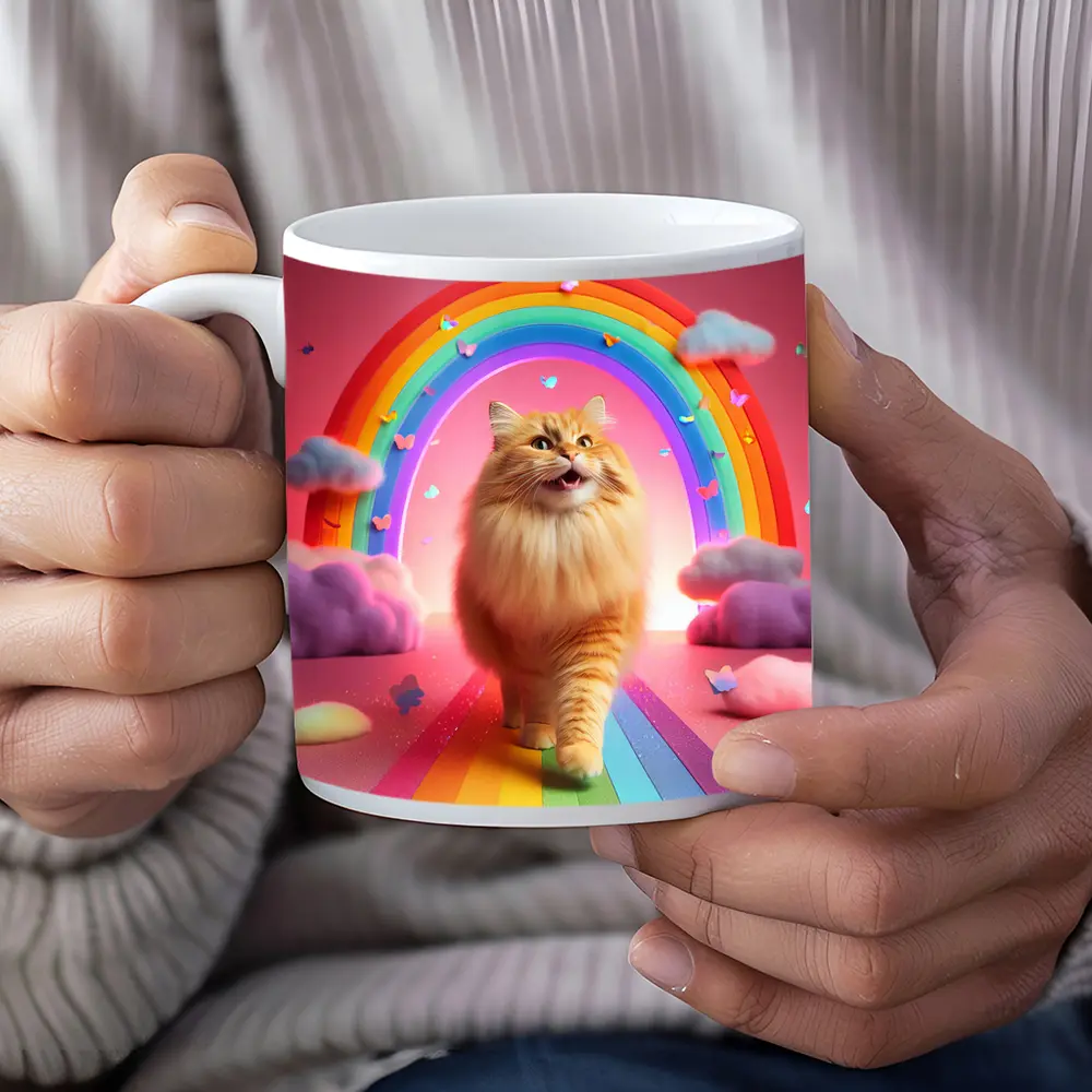 Happy Orange Cat Rainbow Pink Fantasy – Mugs