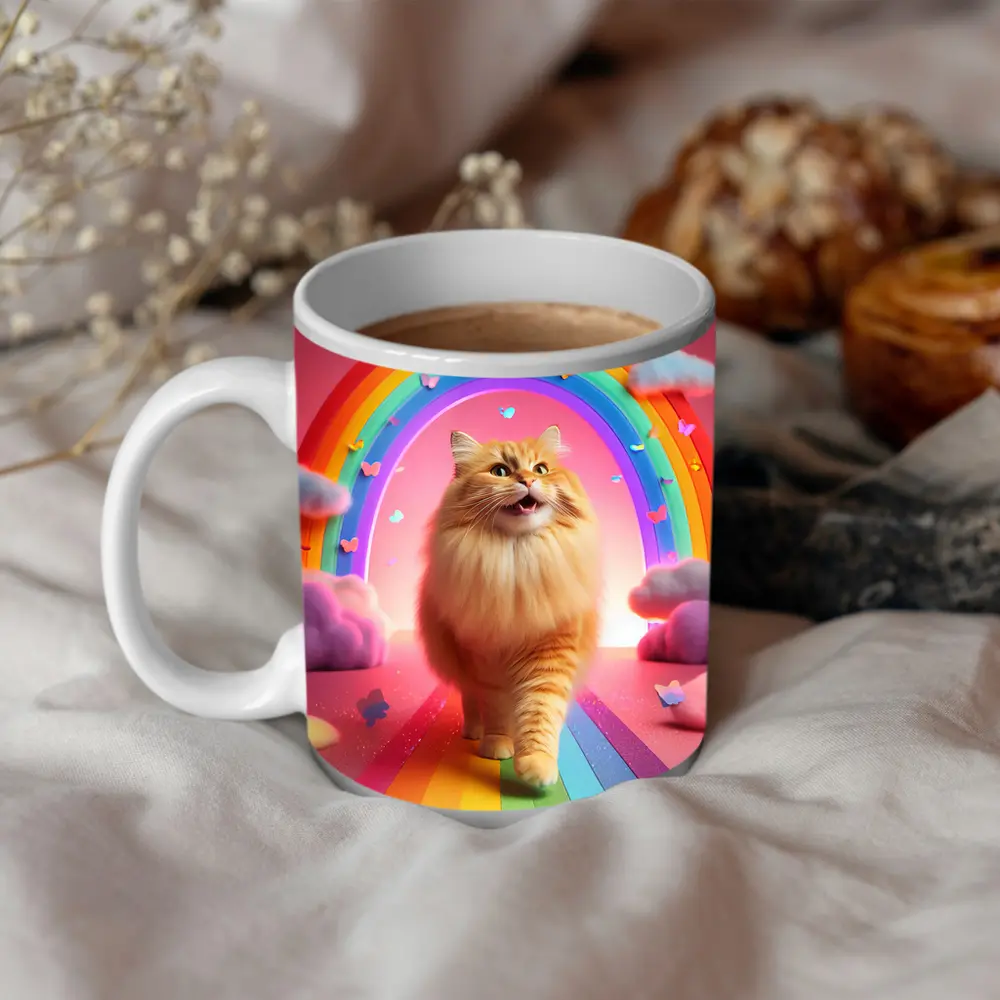 Happy Orange Cat Rainbow Pink Fantasy – Mugs