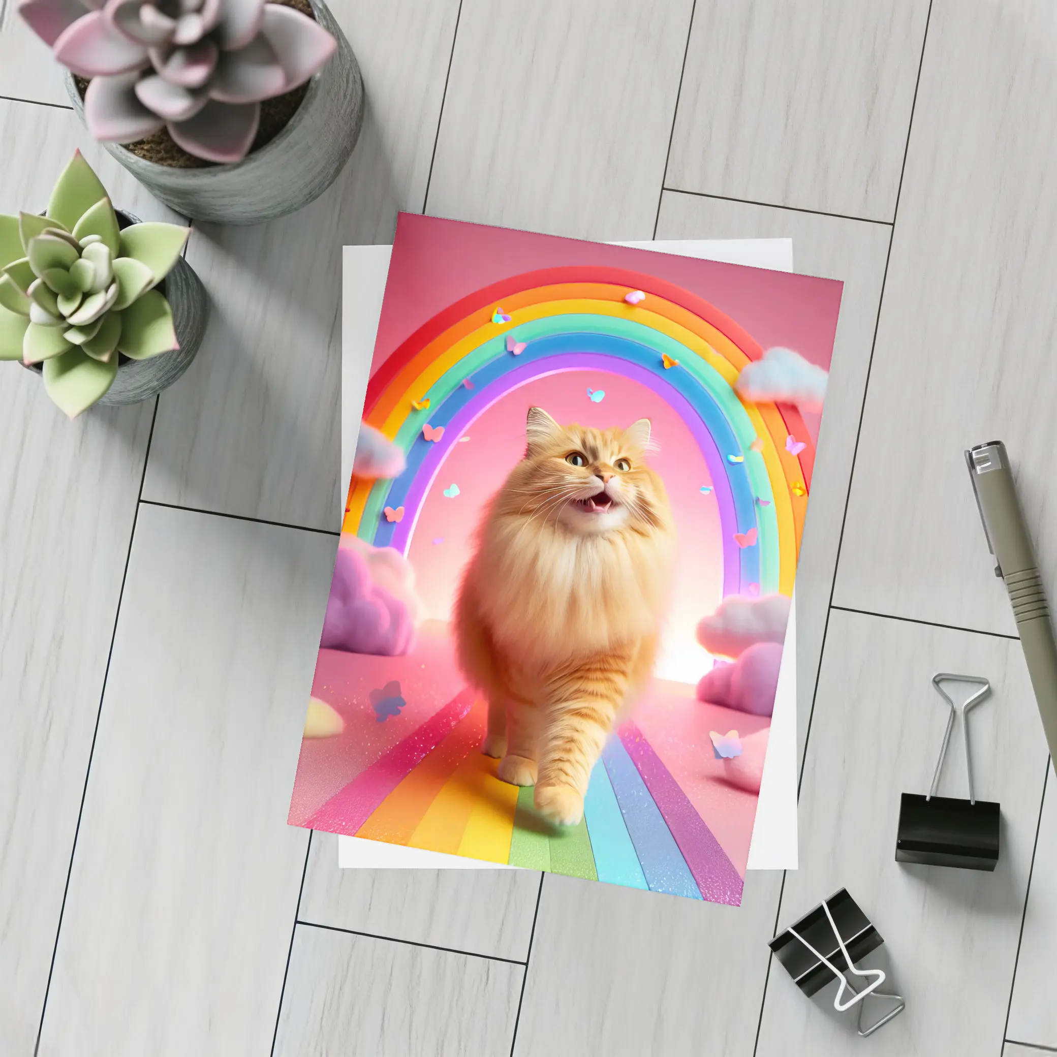Happy Orange Cat Rainbow Pink Fantasy – Postcards