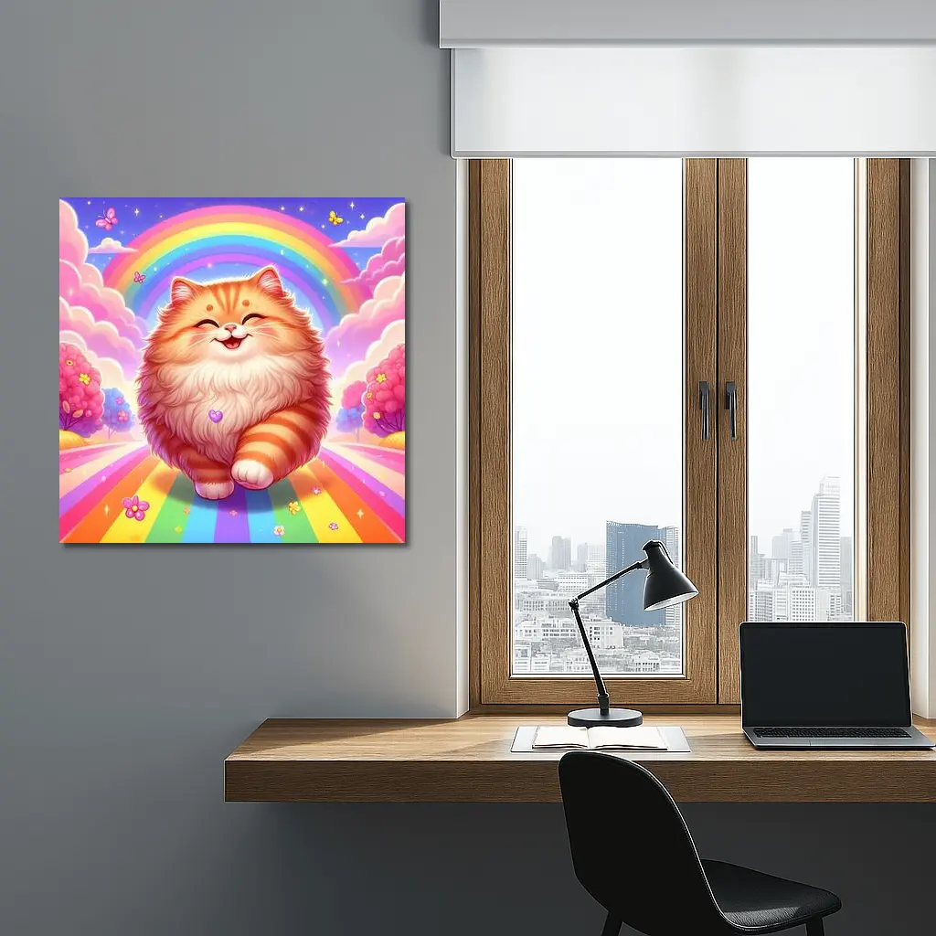 Happy Orange Cat Rainbow Colorful Fantasy – Wall Art