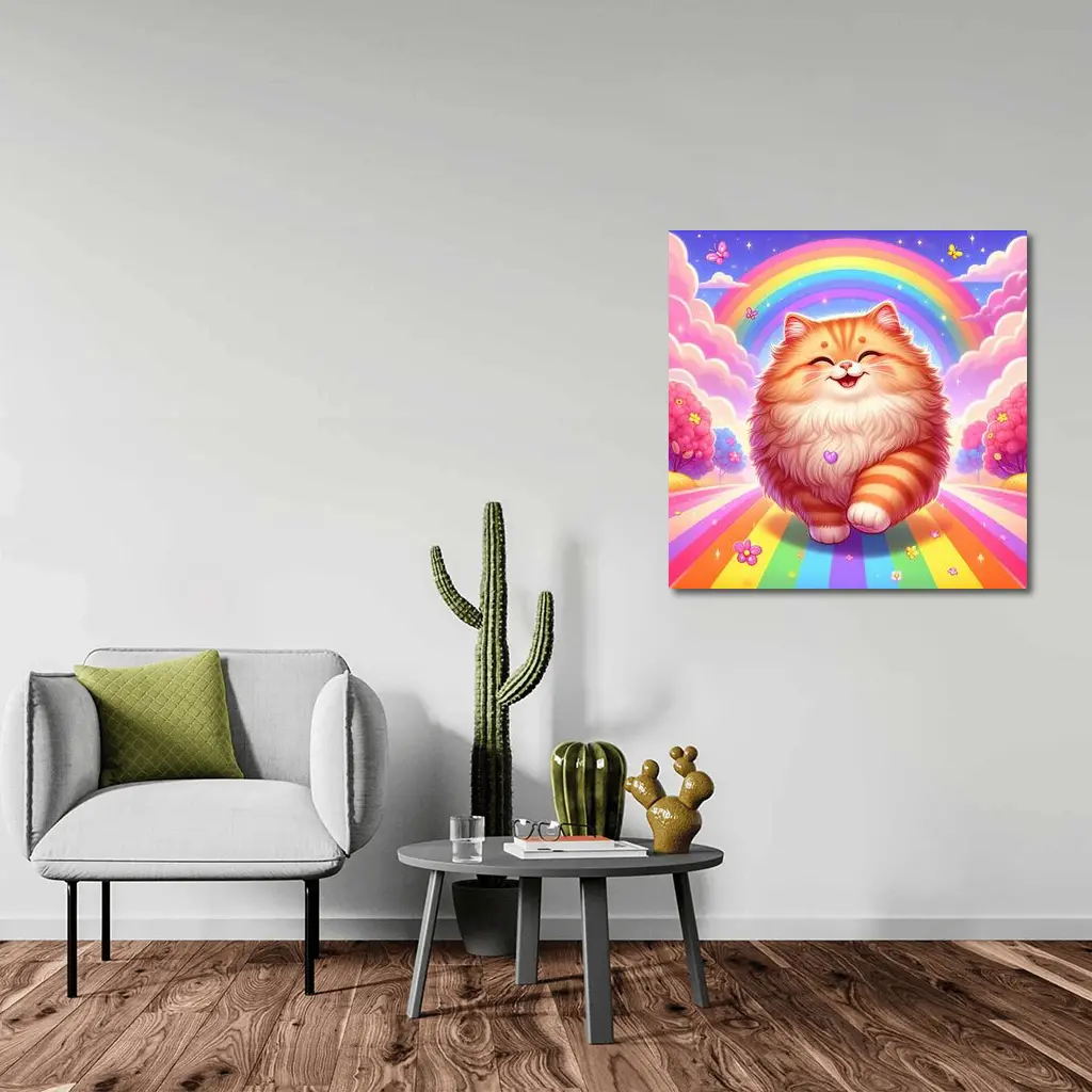 Happy Orange Cat Rainbow Colorful Fantasy – Wall Art