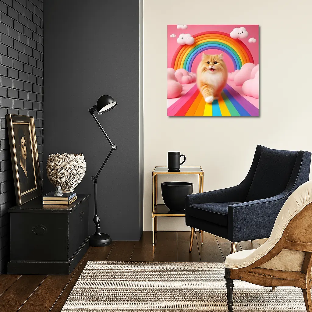 Fluffy Orange Cat Rainbow Pink Fantasy – Wall Art