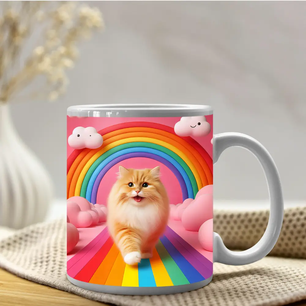 Fluffy Orange Cat Rainbow Pink Fantasy – Mugs