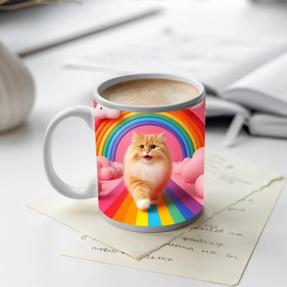 Fluffy Orange Cat Rainbow Pink Fantasy – Mugs