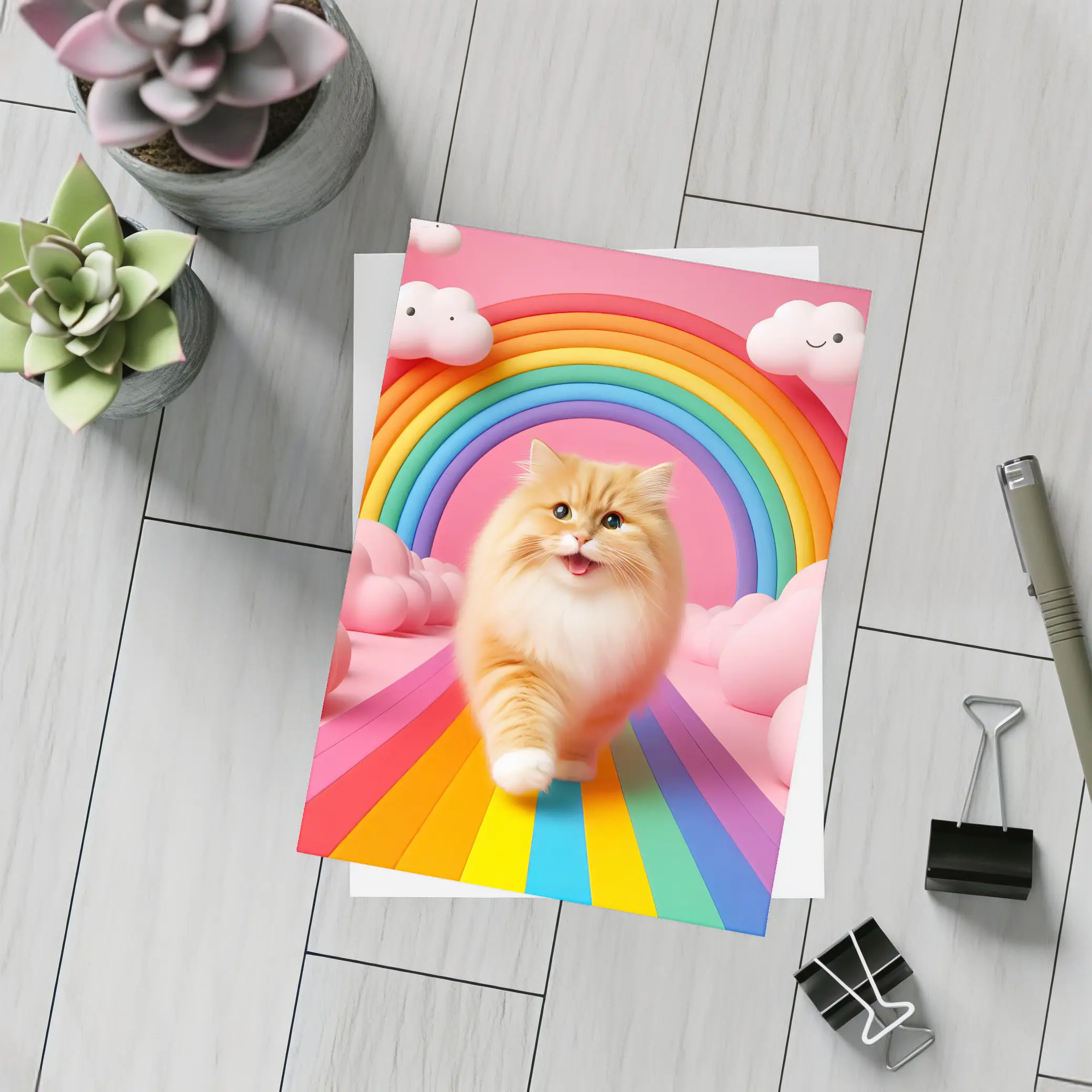 Fluffy Orange Cat Rainbow Pink Fantasy – Postcards