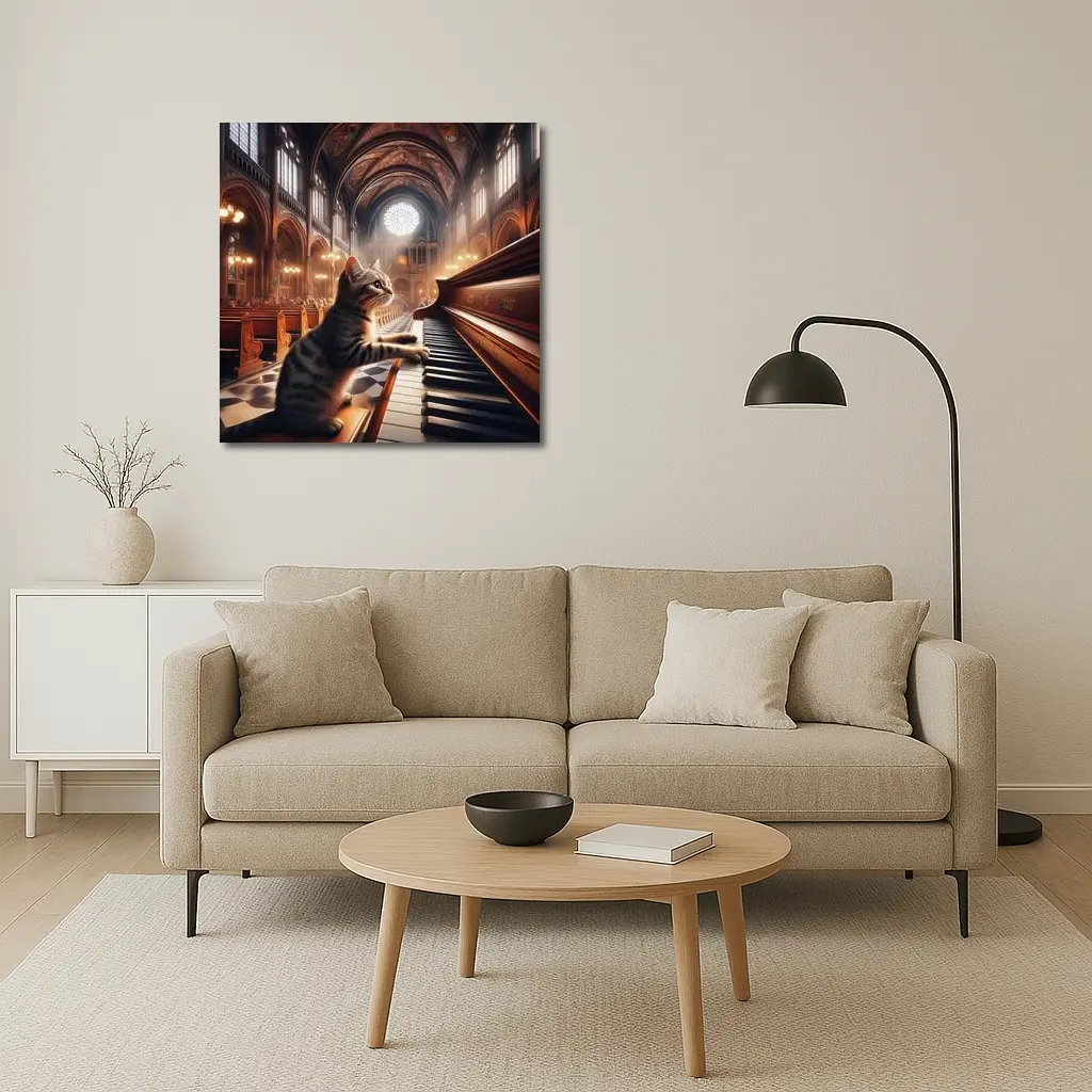 Tabby Cat Playing Piano in Cathedral – Wall Art