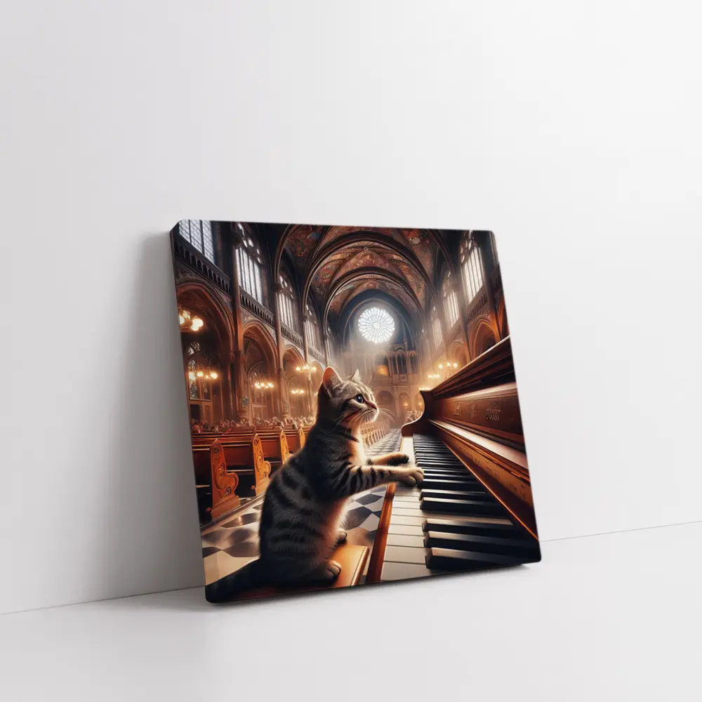 Tabby Cat Playing Piano in Cathedral – Wall Art
