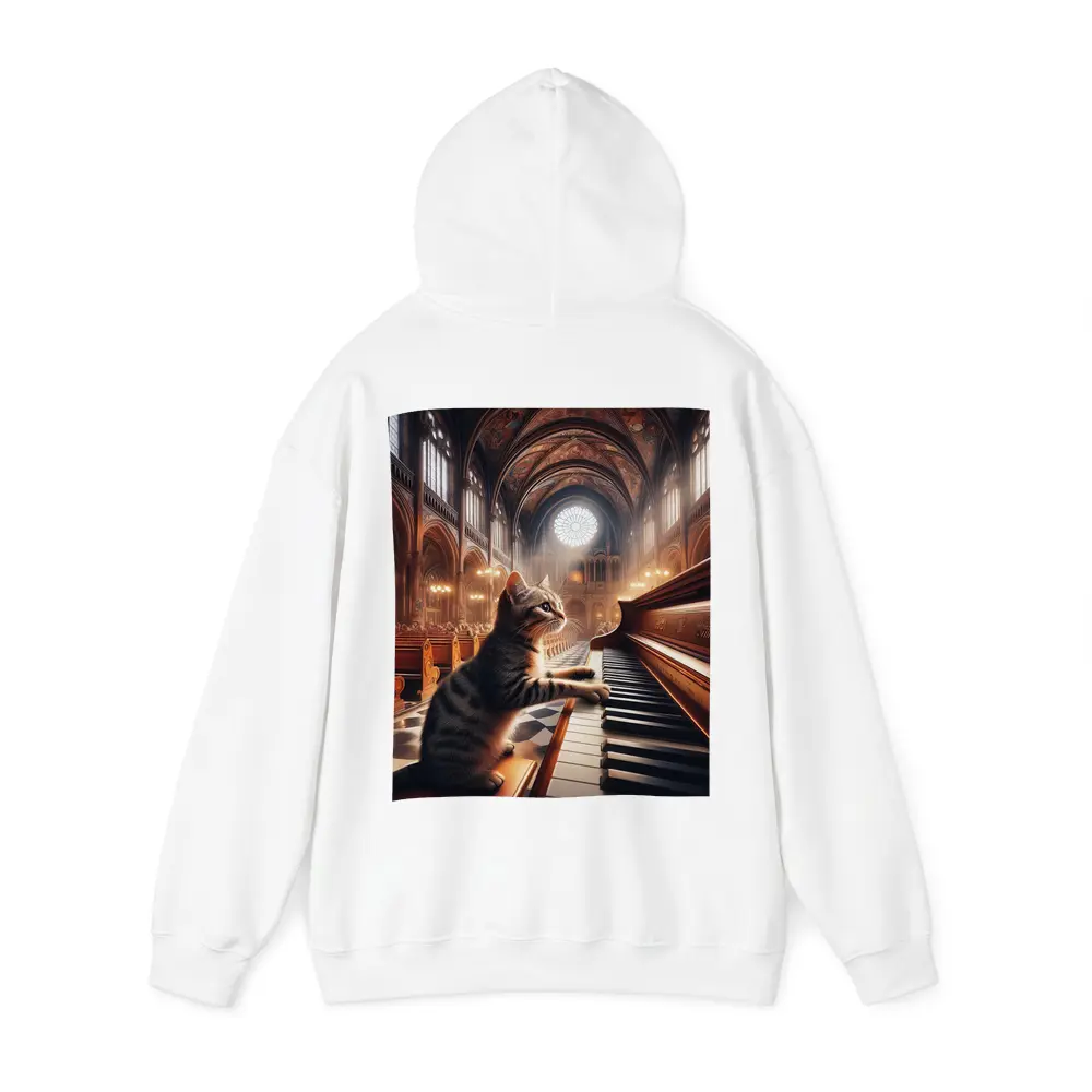 Tabby Cat Playing Piano in Cathedral – Hoodies