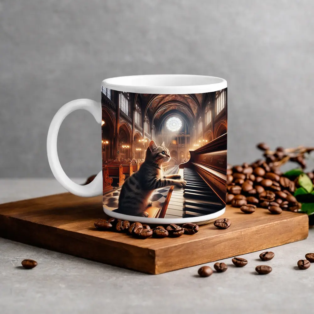 Tabby Cat Playing Piano in Cathedral – Mugs