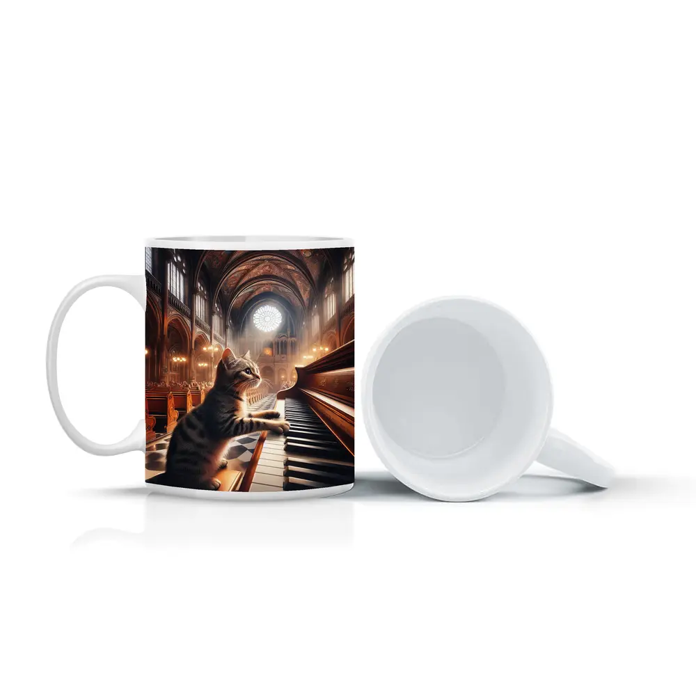 Tabby Cat Playing Piano in Cathedral – Mugs
