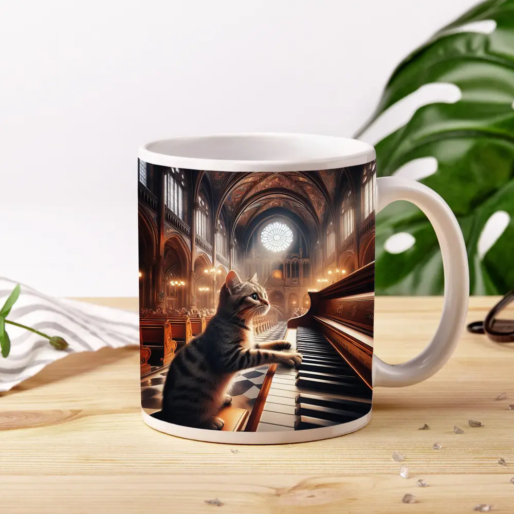 Tabby Cat Playing Piano in Cathedral – Mugs