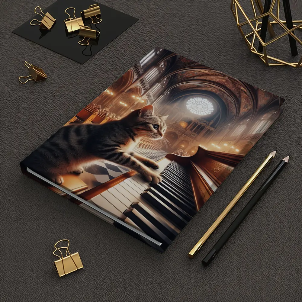 Tabby Cat Playing Piano in Cathedral – Notebooks