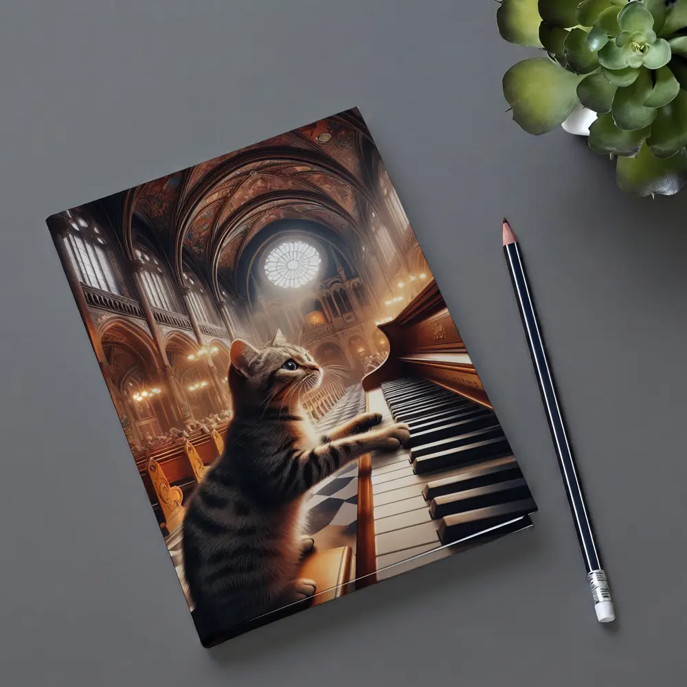 Tabby Cat Playing Piano in Cathedral – Notebooks