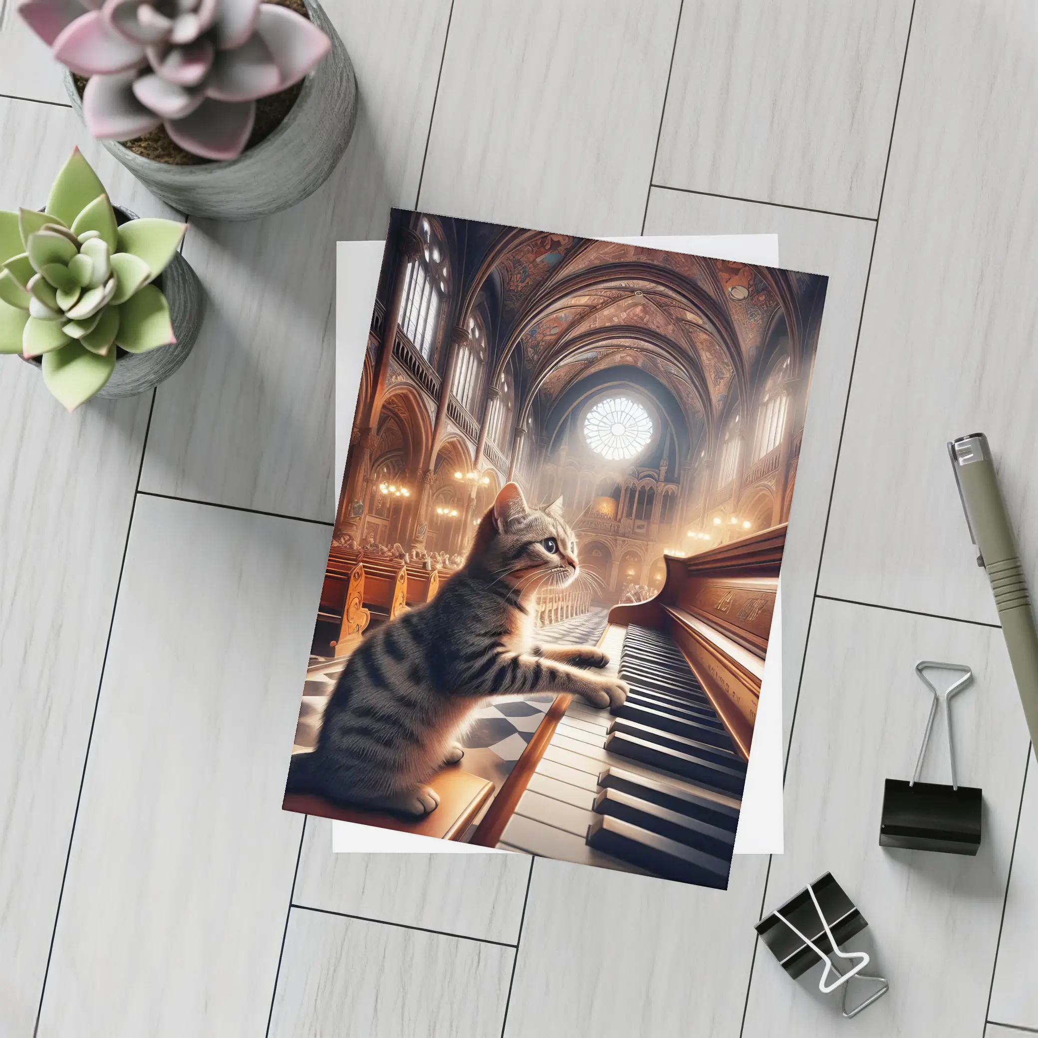 Tabby Cat Playing Piano in Cathedral – Postcards