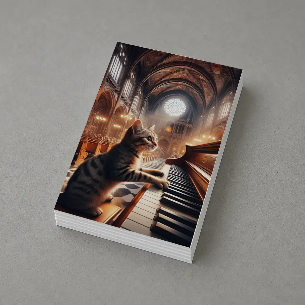 Tabby Cat Playing Piano in Cathedral – Postcards
