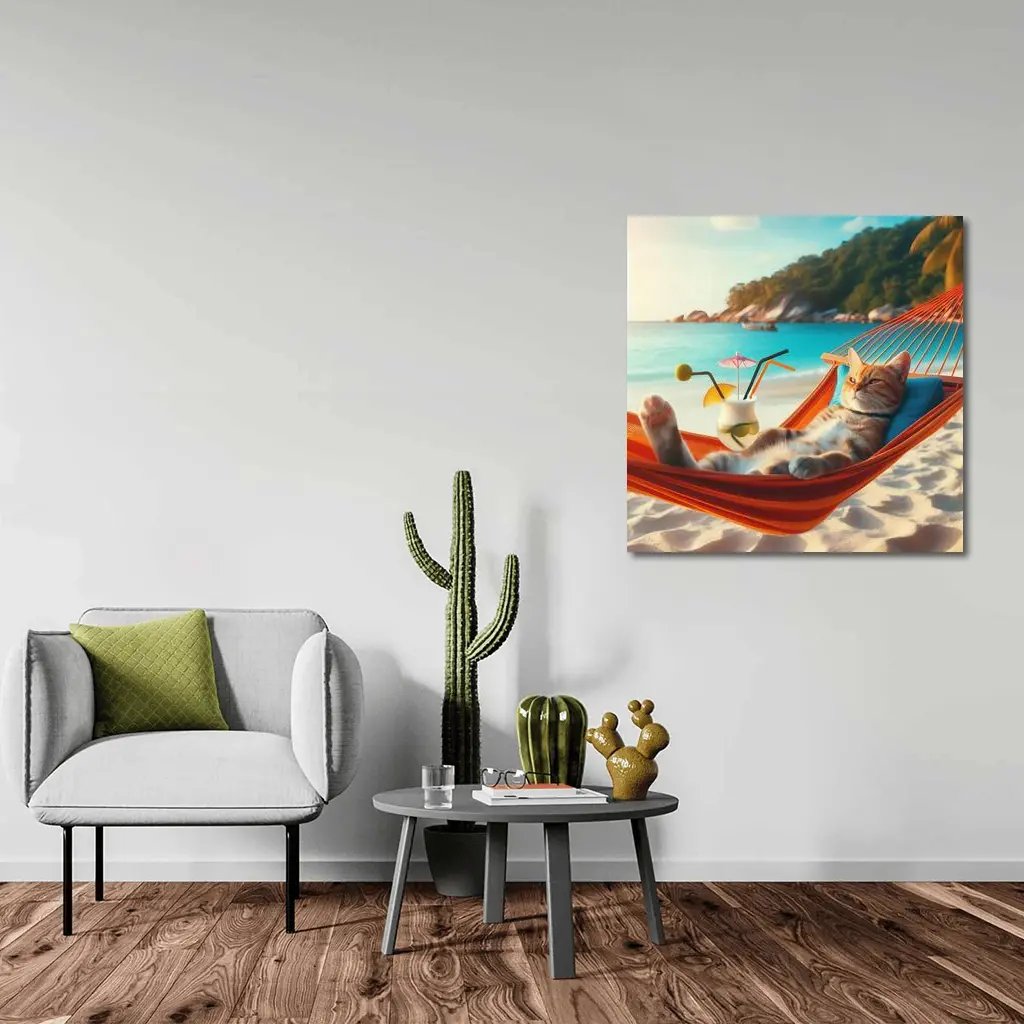 Cat Relaxing In Hammock Beach Scene – Wall Art