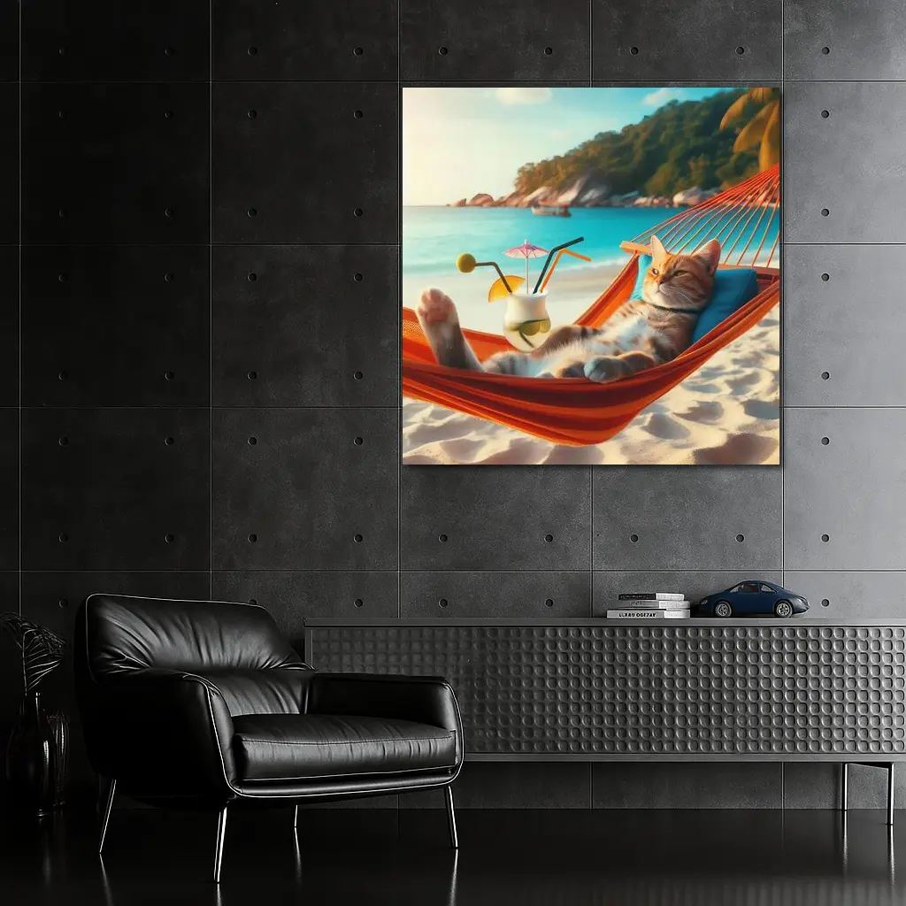 Cat Relaxing In Hammock Beach Scene – Wall Art