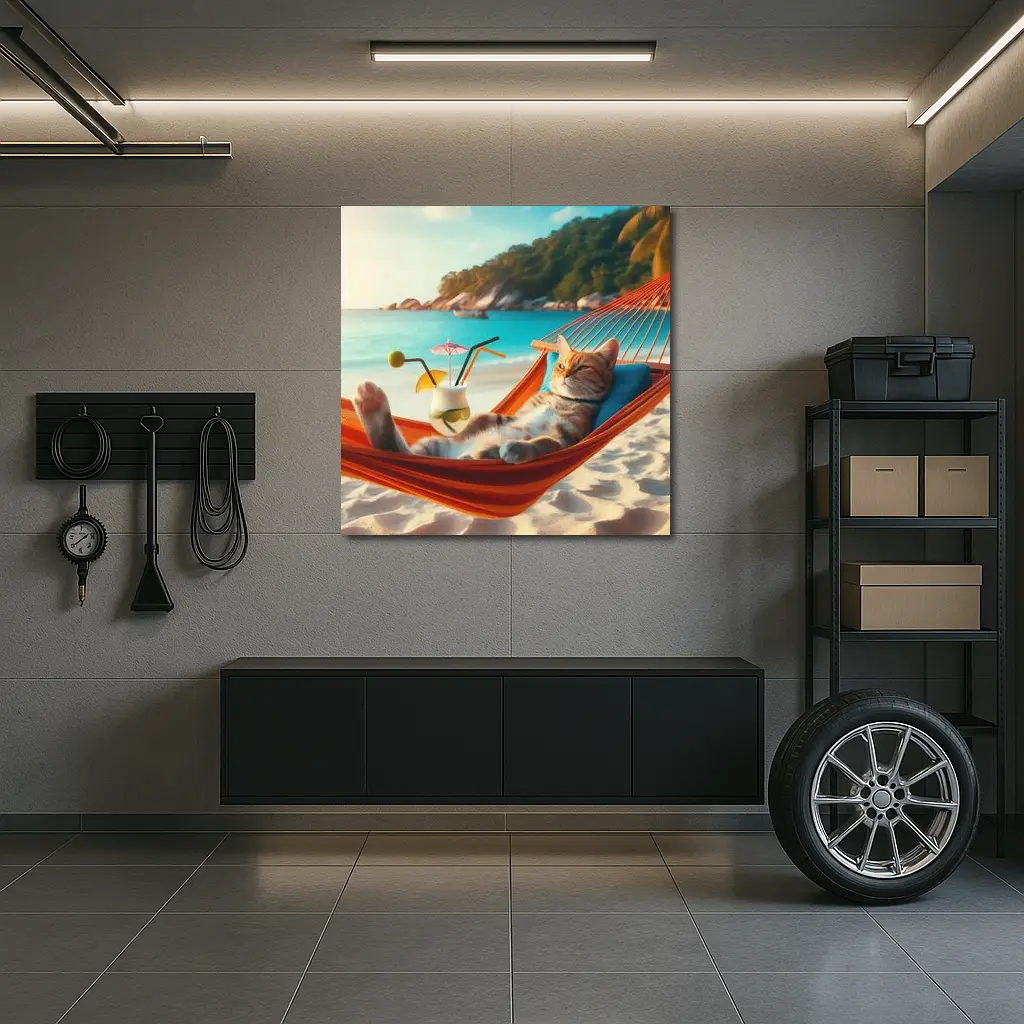 Cat Relaxing In Hammock Beach Scene – Wall Art