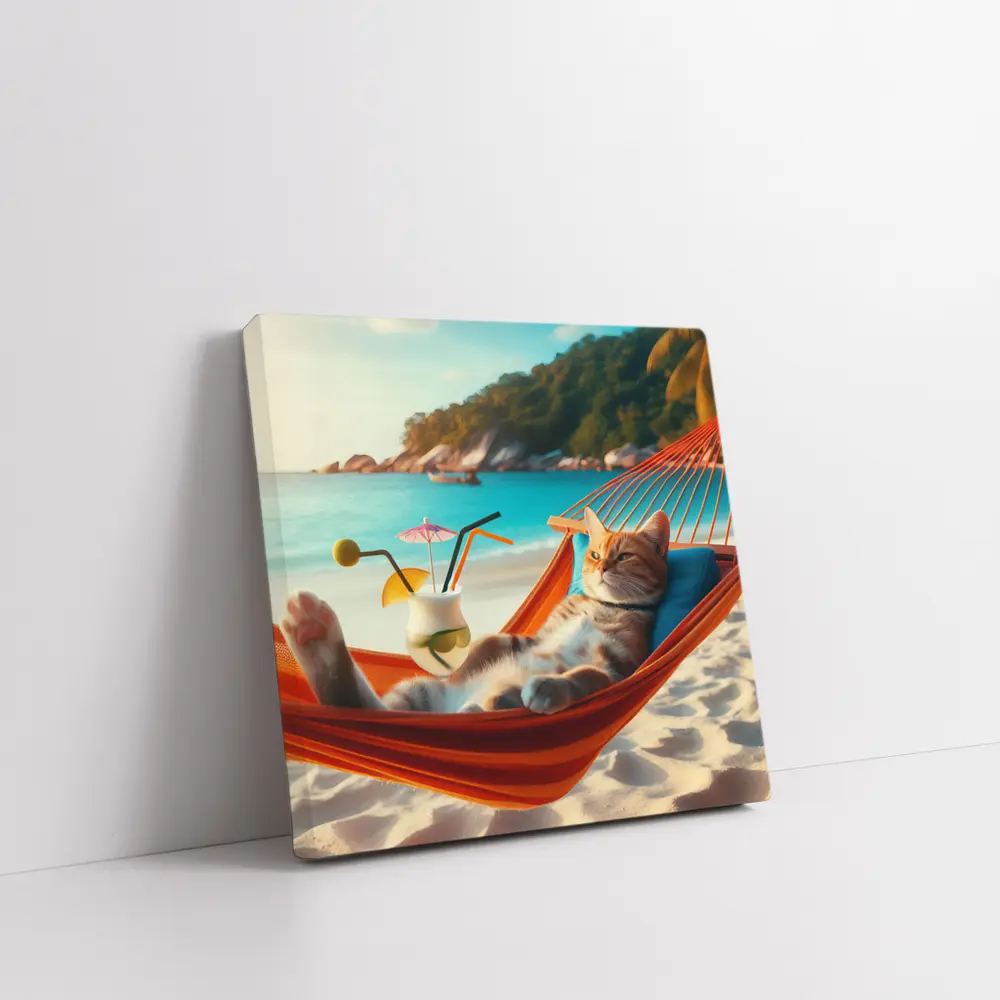 Cat Relaxing In Hammock Beach Scene – Wall Art