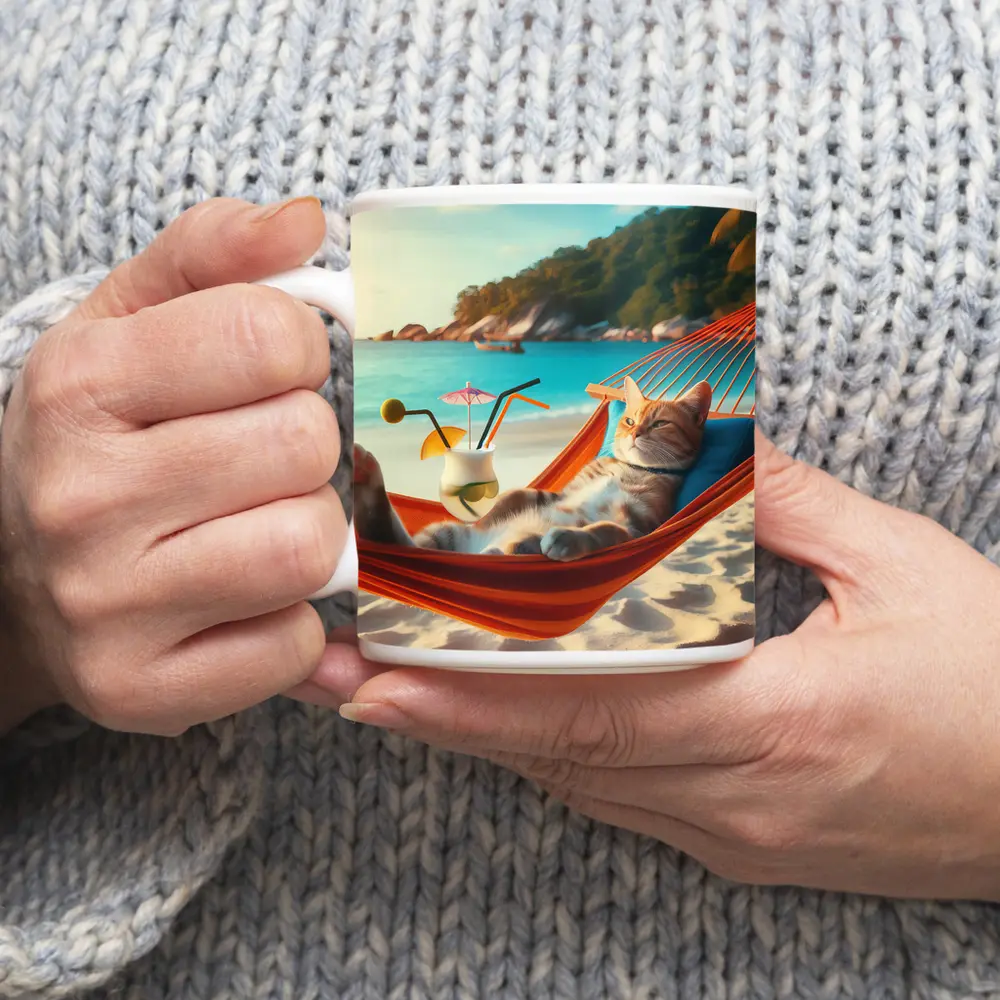 Cat Relaxing In Hammock Beach Scene – Mugs