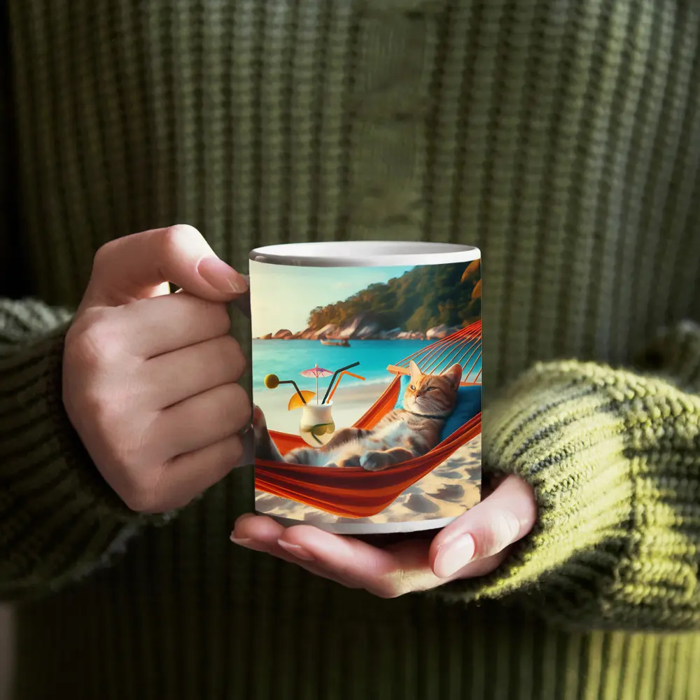 Cat Relaxing In Hammock Beach Scene – Mugs