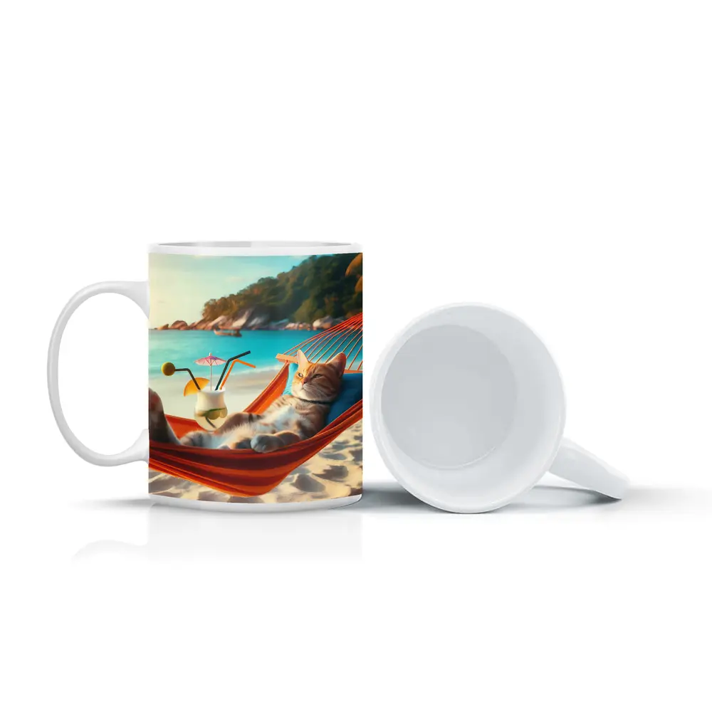 Cat Relaxing In Hammock Beach Scene – Mugs