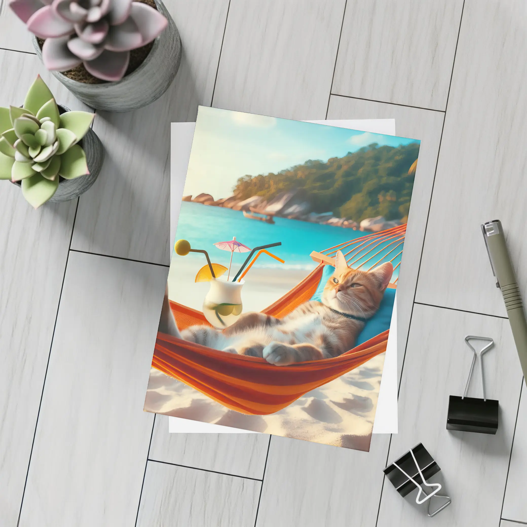 Cat Relaxing In Hammock Beach Scene – Postcards
