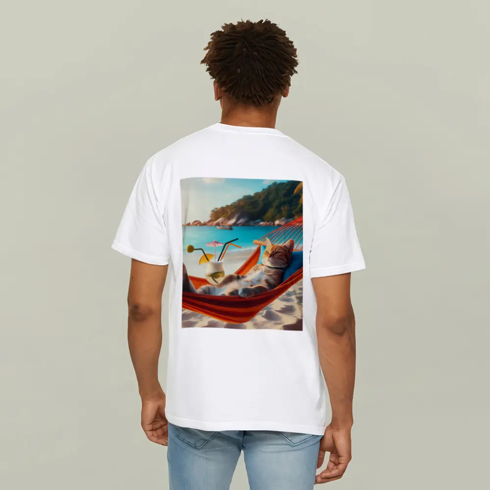 Cat Relaxing In Hammock Beach Scene – T-Shirts