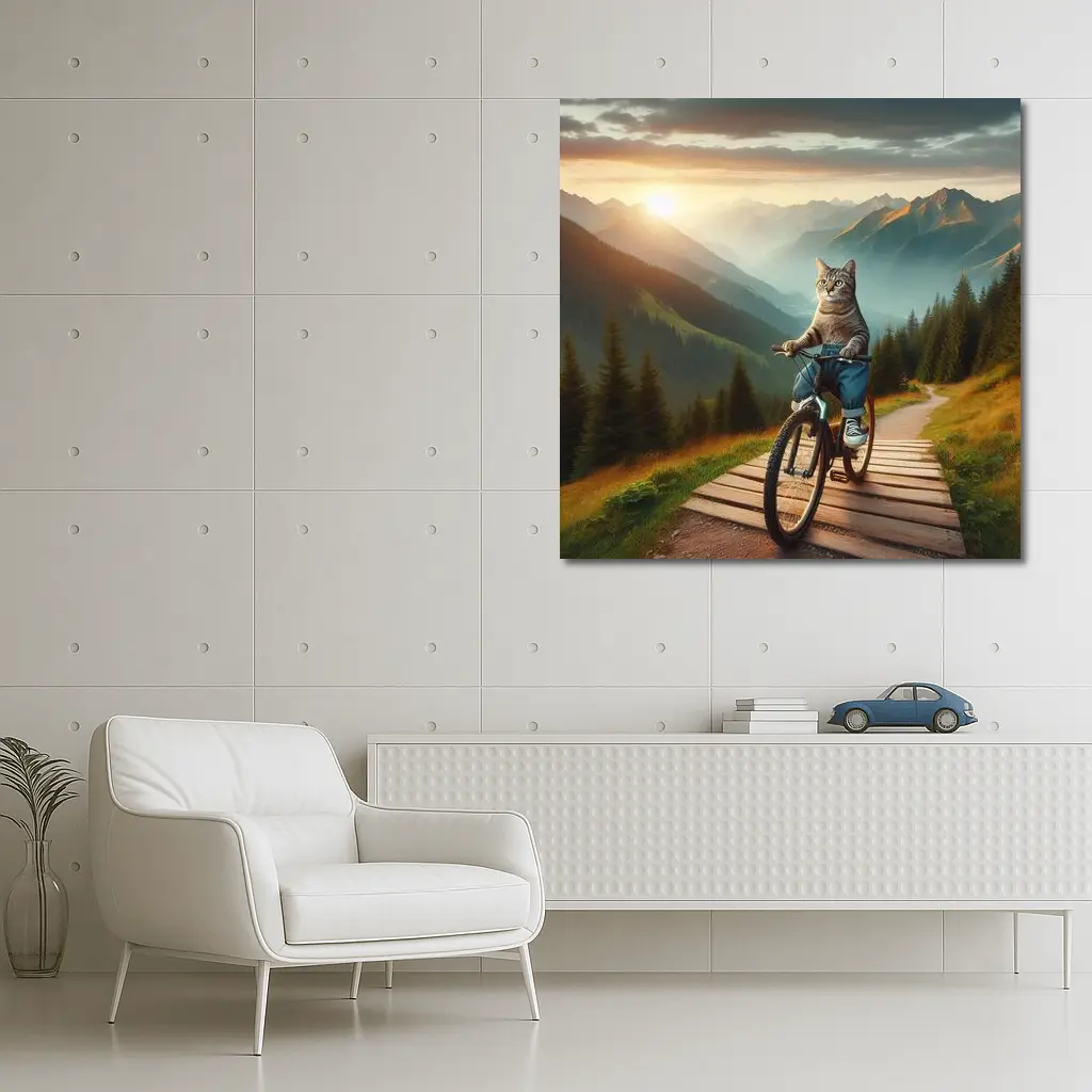 Cat Riding Bicycle Mountain Sunset Trail – Wall Art
