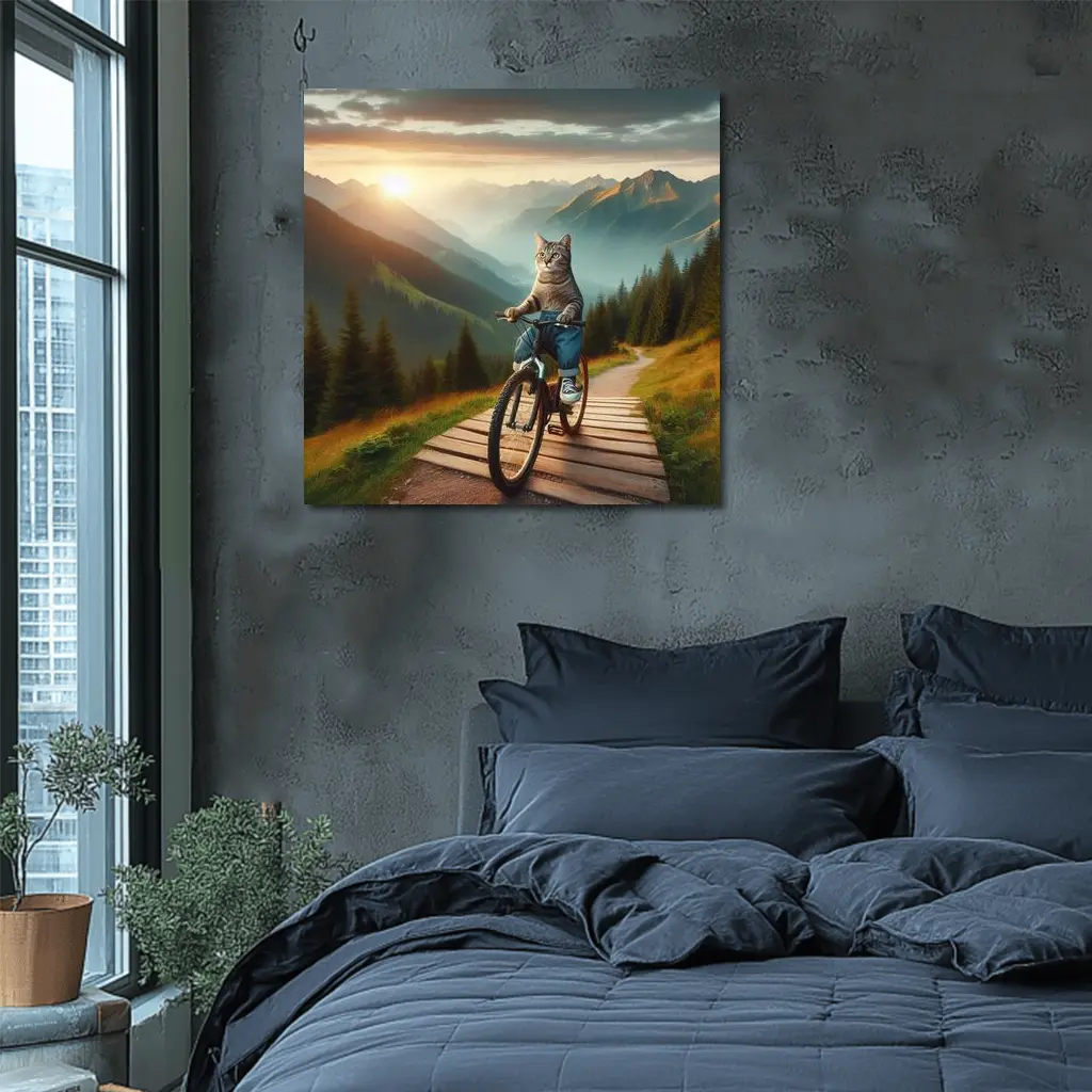 Cat Riding Bicycle Mountain Sunset Trail – Wall Art