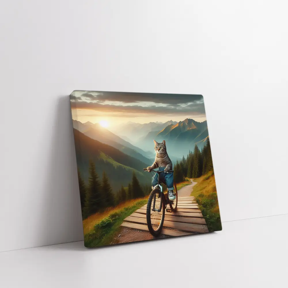 Cat Riding Bicycle Mountain Sunset Trail – Wall Art