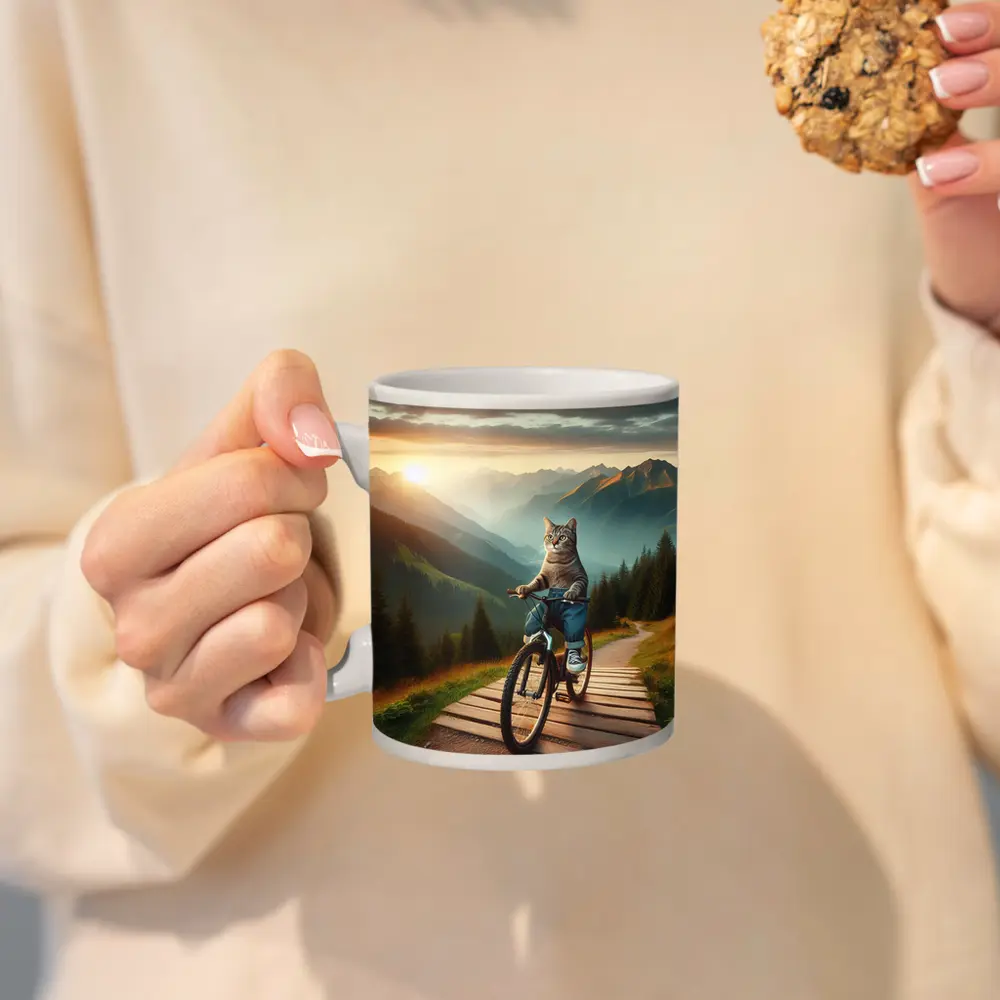 Cat Riding Bicycle Mountain Sunset Trail – Mugs
