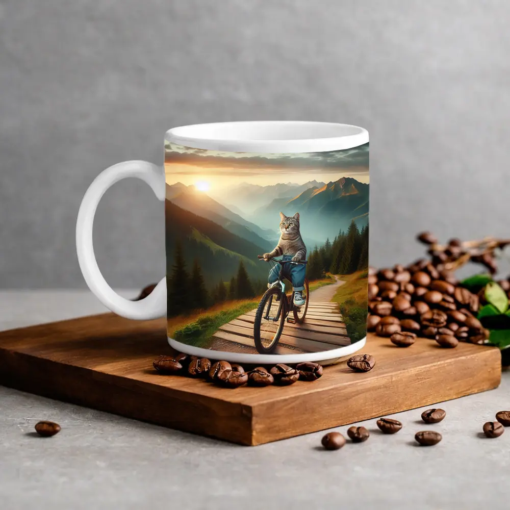 Cat Riding Bicycle Mountain Sunset Trail – Mugs