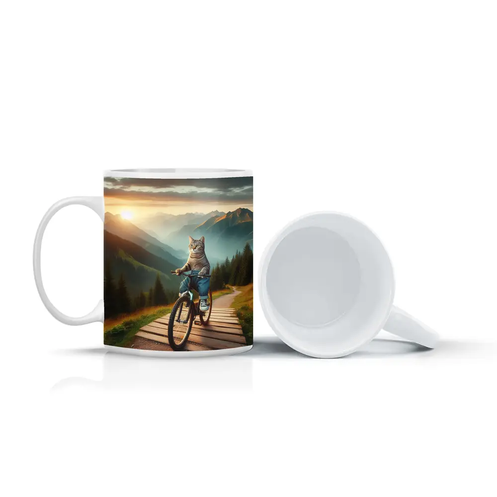 Cat Riding Bicycle Mountain Sunset Trail – Mugs
