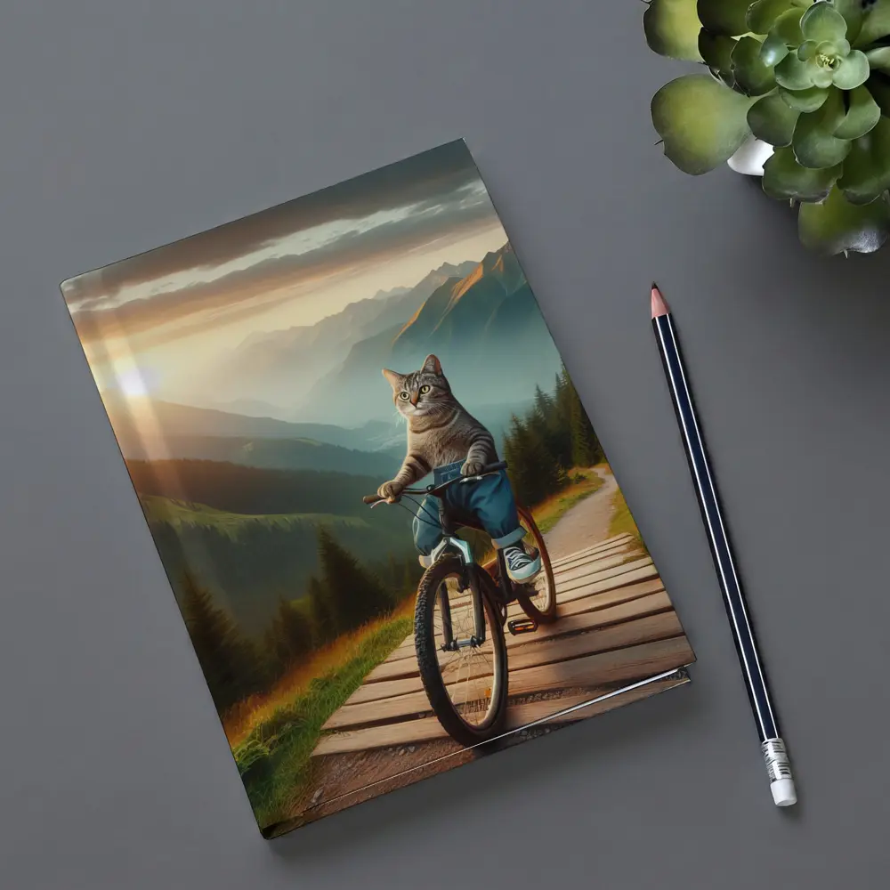 Cat Riding Bicycle Mountain Sunset Trail – Notebooks