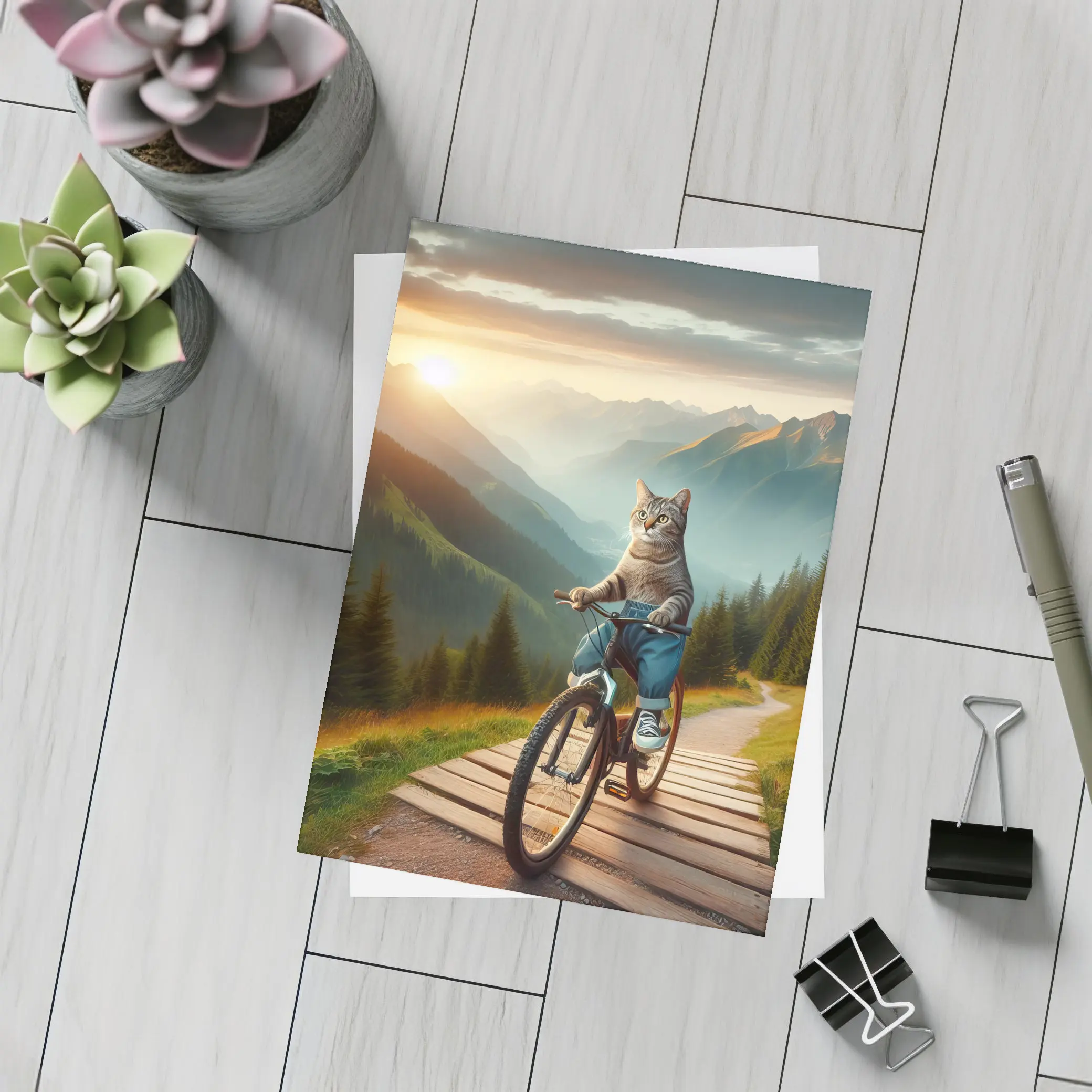 Cat Riding Bicycle Mountain Sunset Trail – Postcards