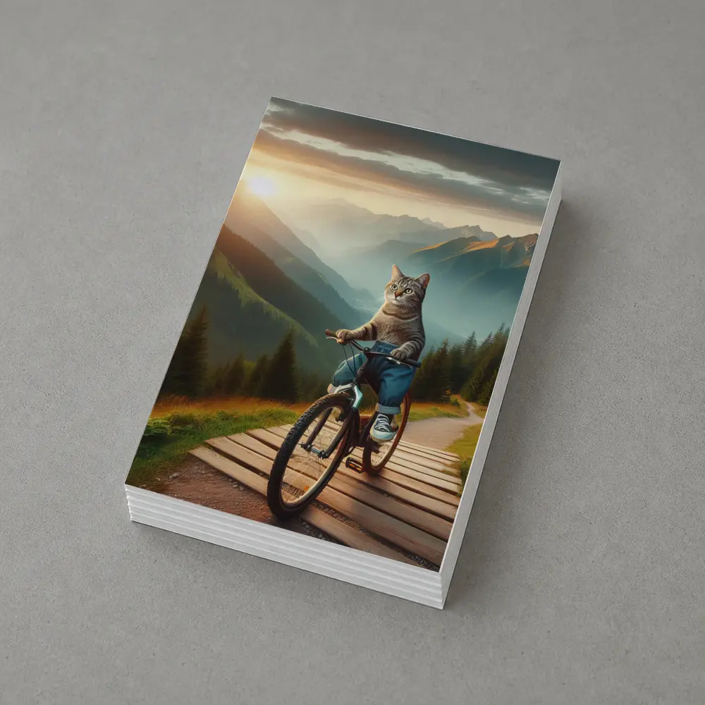 Cat Riding Bicycle Mountain Sunset Trail – Postcards