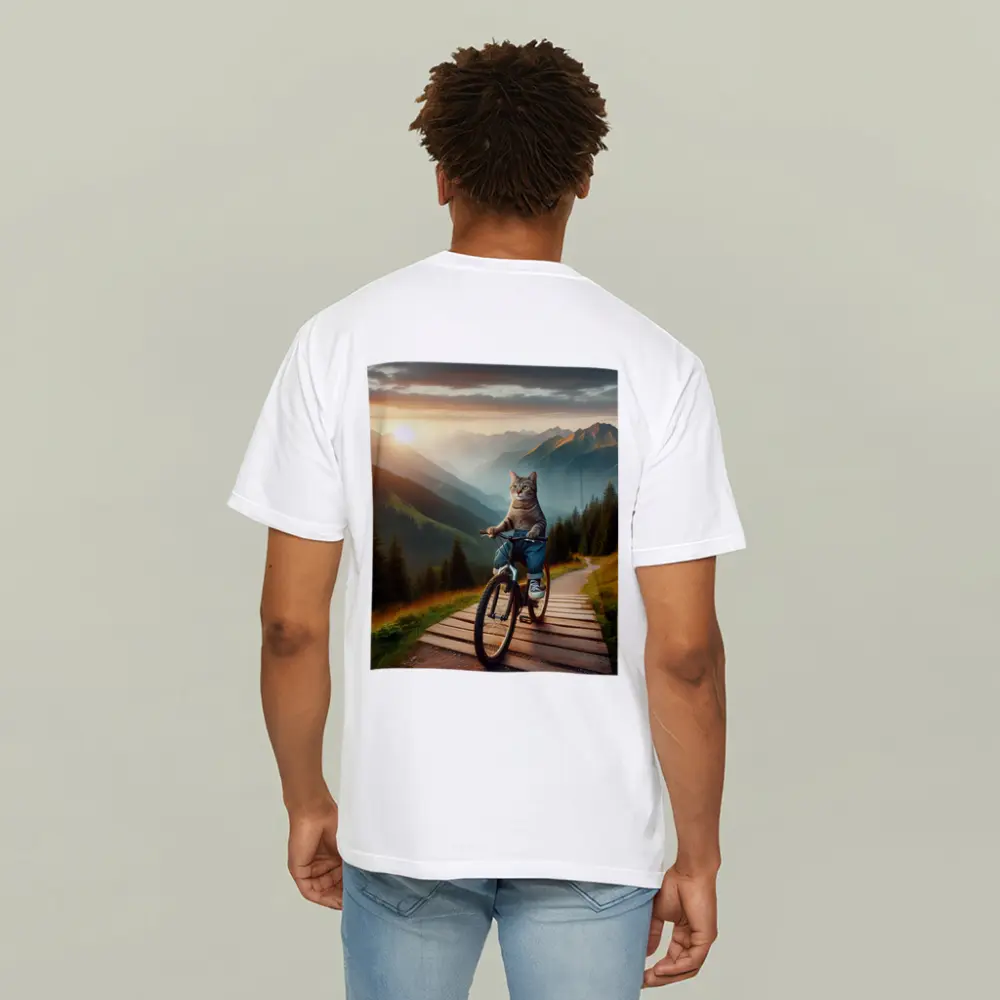 Cat Riding Bicycle Mountain Sunset Trail – T-Shirts