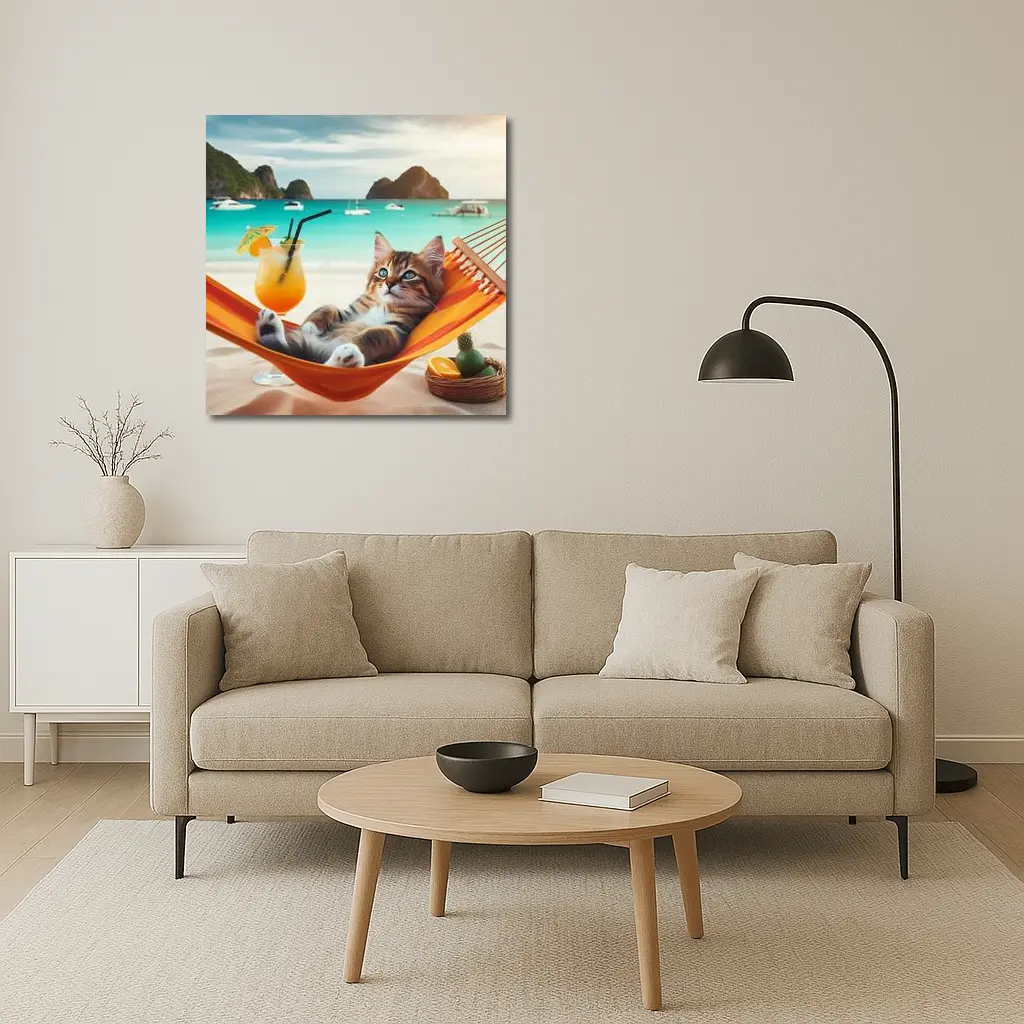 Kitten Relaxing on Hammock Tropical Beach – Wall Art