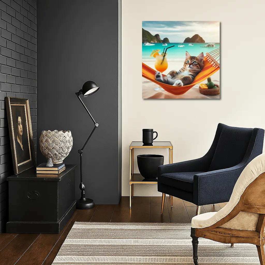 Kitten Relaxing on Hammock Tropical Beach – Wall Art