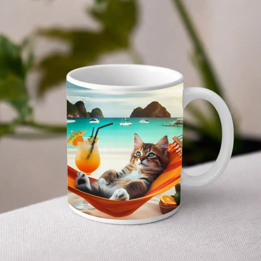 Kitten Relaxing on Hammock Tropical Beach – Mugs