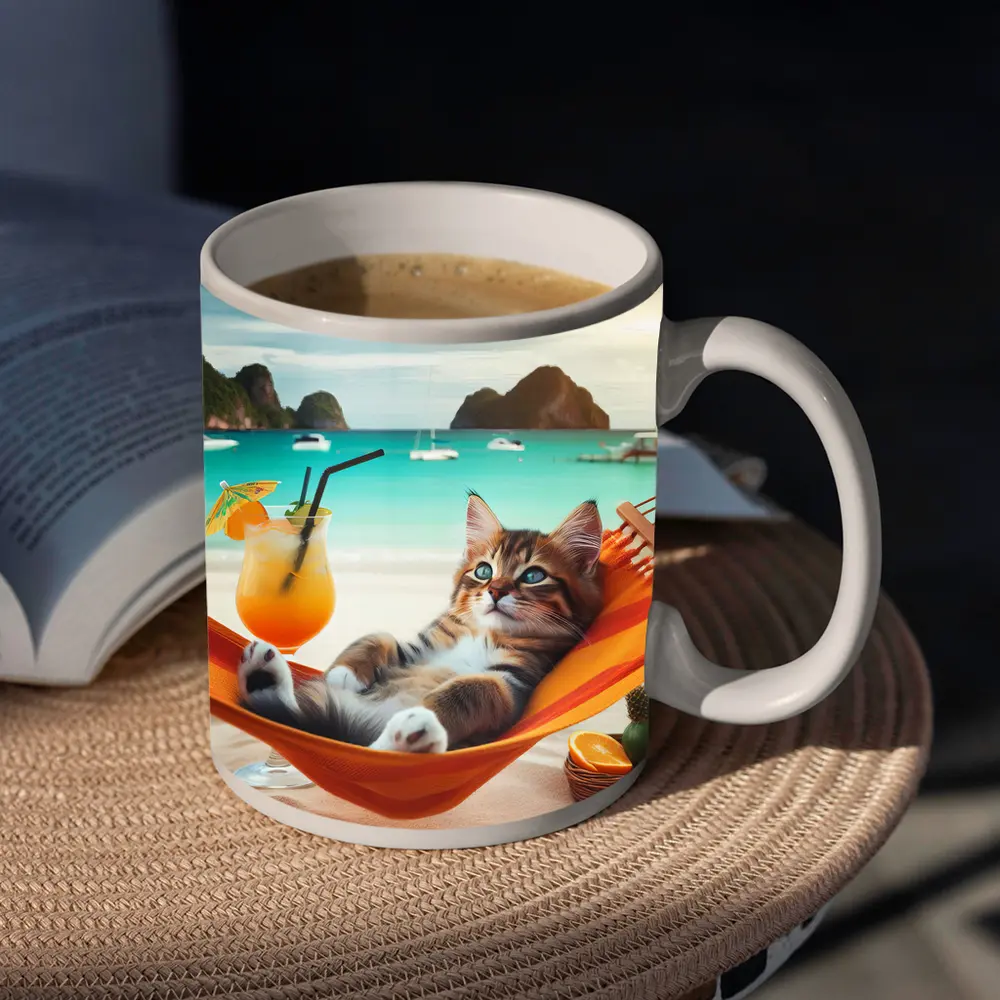 Kitten Relaxing on Hammock Tropical Beach – Mugs
